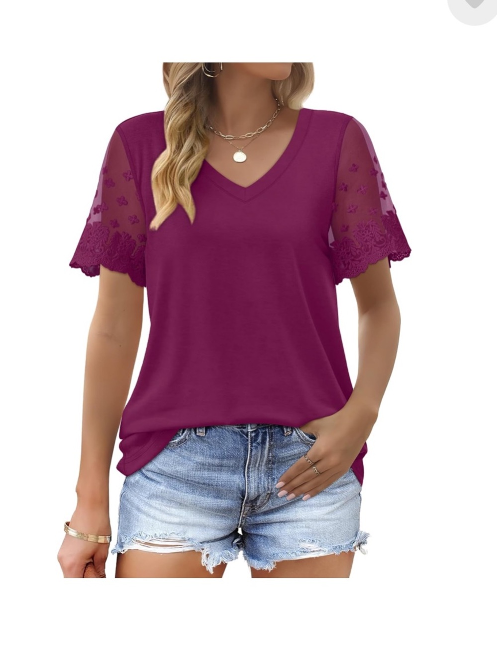 Like New Women’s V-Neck Lace Sleeve Top - Plum